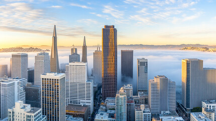 A panoramic view of a city skyline with skyscrapers and fog in the background.