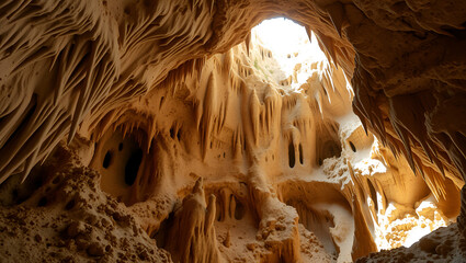 Beautiful mysterious karst cave, stalactites, stalagmites, calcareous outgrowths and scenery, unusual landscape, ai generative