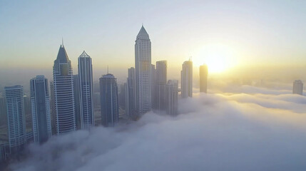 A panoramic view of a city skyline with skyscrapers piercing through a layer of clouds at sunrise.