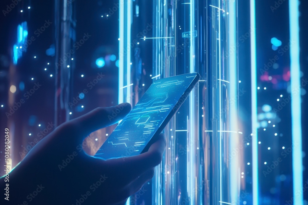 Poster a close-up of a hand holding a smartphone with a futuristic interface displayed