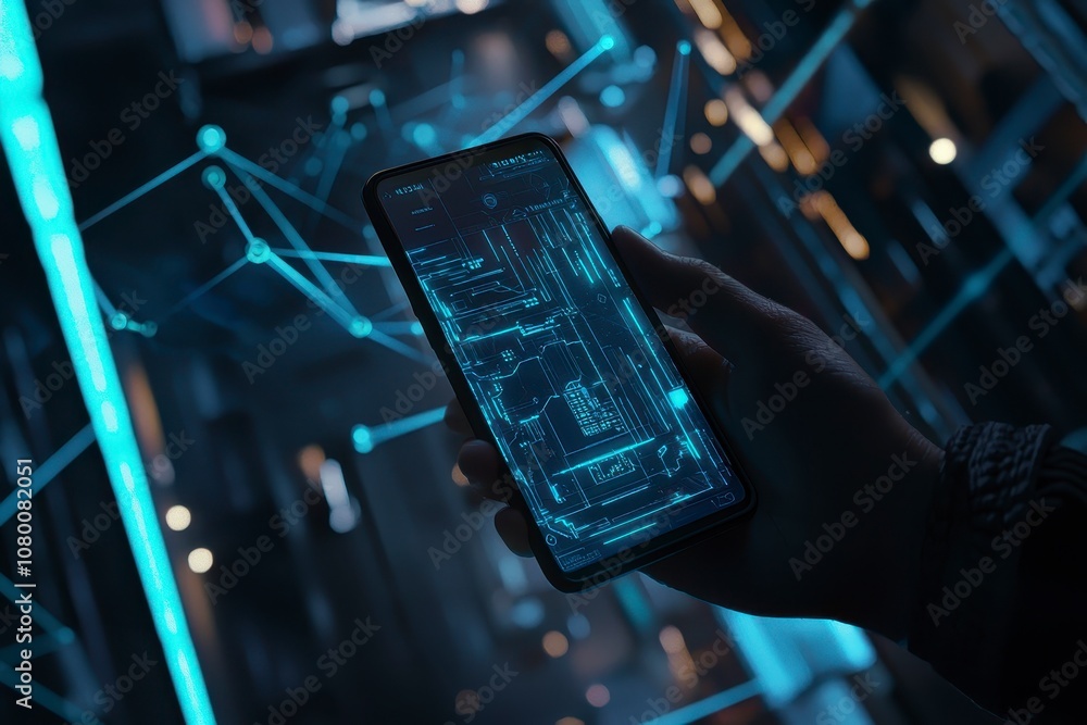 Poster a close-up of a hand holding a smartphone with a futuristic interface displayed