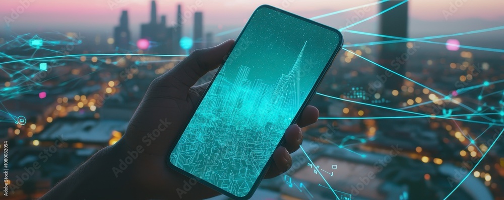 Poster a close-up of a hand holding a smartphone with a futuristic interface displayed