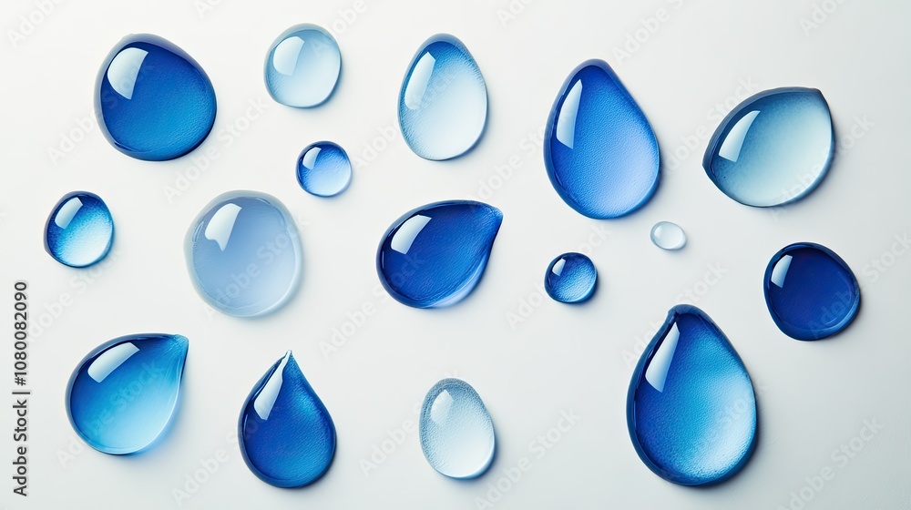Poster abstract arrangement of blue water drops on a light background showcasing varying shapes and sizes f