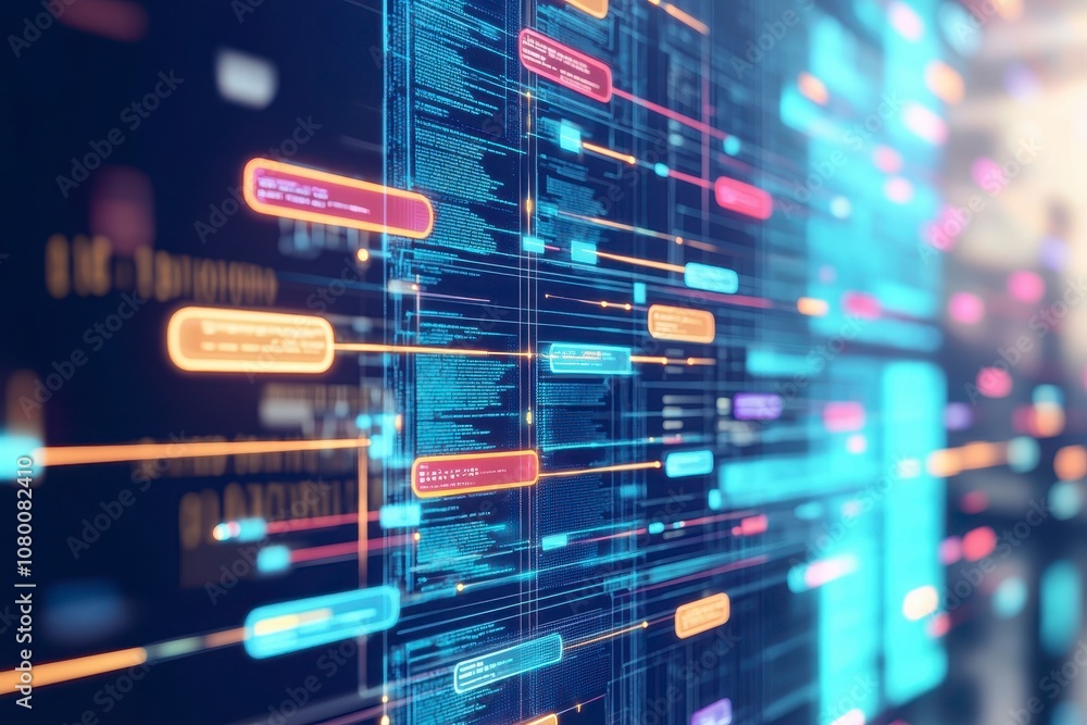Poster futuristic interface with arrows illustrating data flow