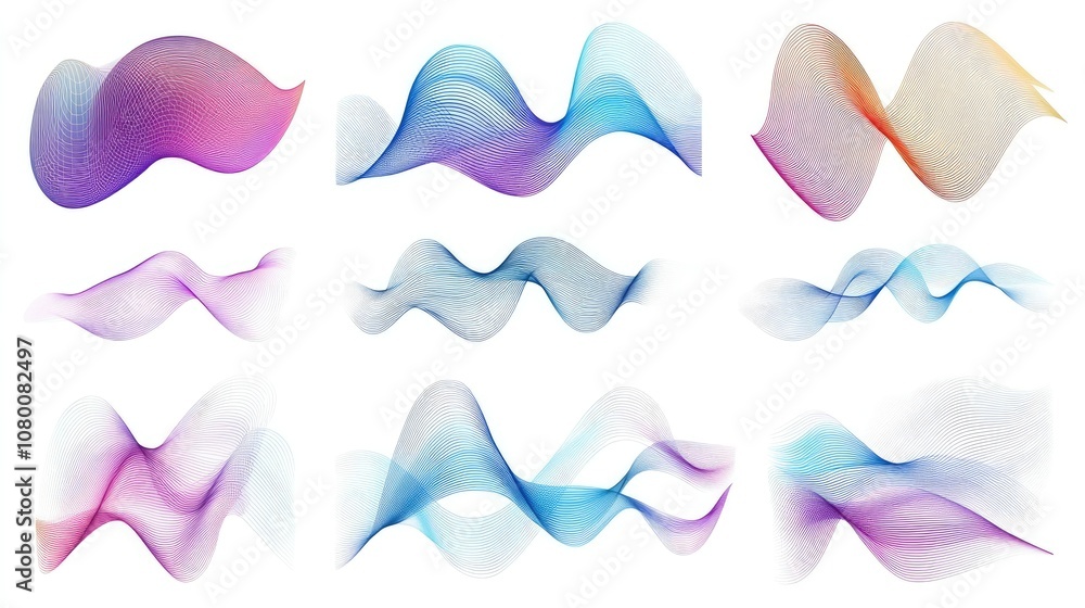 Poster abstract waves of colorful lines in soft gradient hues representing flow and movement in modern art 