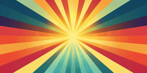 Bright sunburst background. Rays diverging from a central point. Abstract graphic design horizontal banner. Digital artwork raster bitmap. AI artwork.	