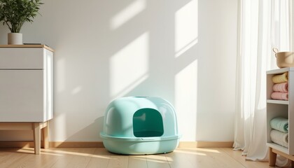 Cozy Modern Living Space with Teal Litter Box and Pastel Towels