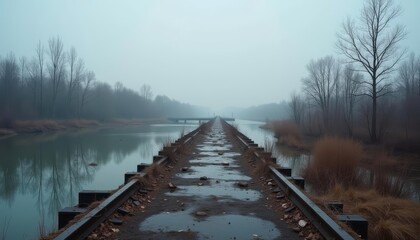 Fototapeta premium Abandoned railway track leading to a foggy horizon