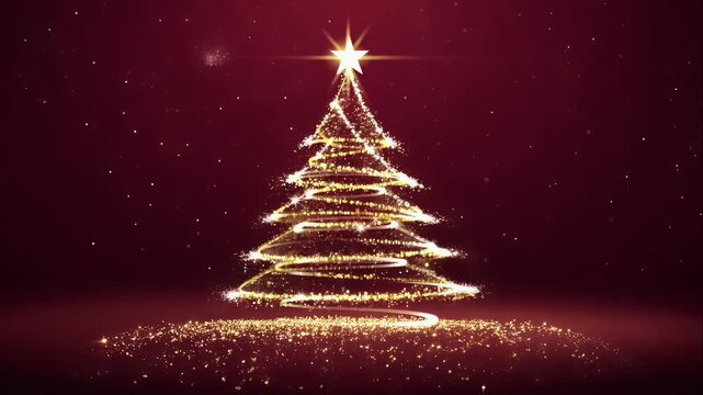 Christmas tree forming from swirling light particles on a red background