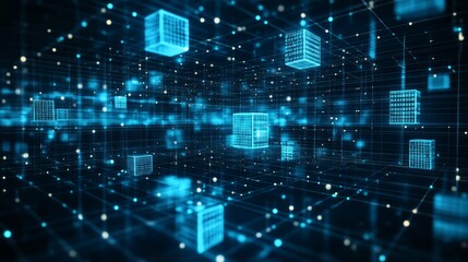 Obraz premium A blockchain ledger with floating cubes of data in a dark, high-tech environment