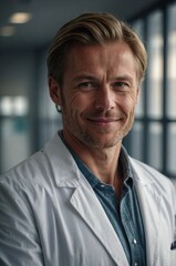 Photo of handsome doctor posing on blurry hospital corridor background