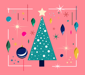 Christmas tree on postcard with different colorful elements and christmas toys on bright pink background