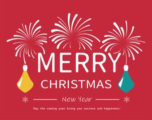 Christmas postcard on red color background with differents elements in simple style (hand drawn, not AI)