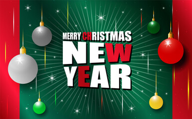 New year postcard with different elements and colorful christmas toys on green background