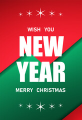 Vertical new year postcard on red and green colors background white elements