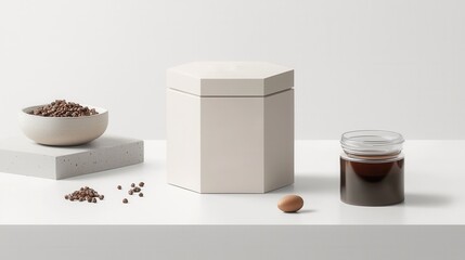 Mock-up of Minimalist Carton Food Packaging Concept. A minimalist arrangement featuring a hexagonal container, a bowl of coffee beans, a jar of dark liquid, and an egg on a clean, white surface