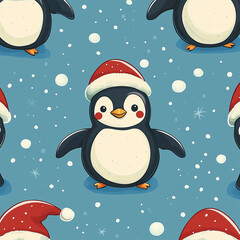 Seamless pattern: penguins in Santa hats with snowflakes on festive blue background