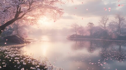 벚꽃이 흩날리는 호수