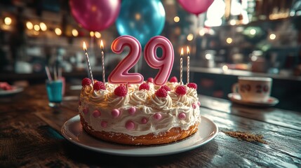 Birthday cake with pink candles for a 29th birthday.