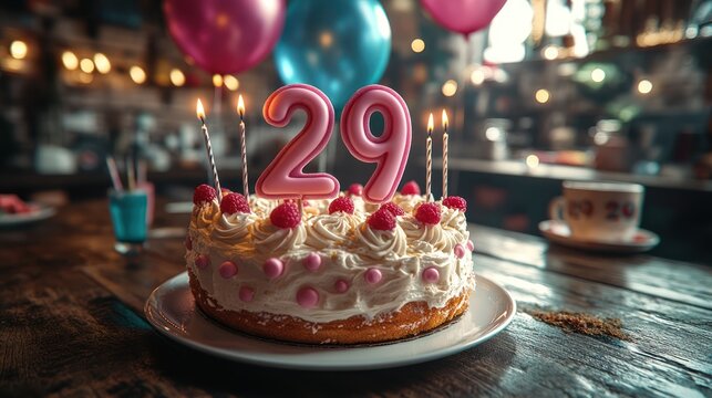 Birthday cake with pink candles for a 29th birthday.