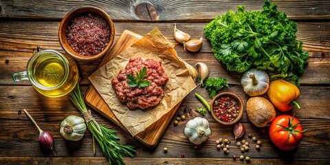 A rustic wooden surface showcases homemade mincemeat ingredients: parsley, garlic, onion bun, and cooking oils, designed for culinary enthusiasts seeking fresh inspiration.