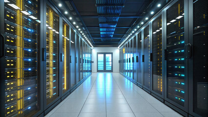 High - Tech Data Center, Virtual Servers, Light Streaks, Symbol - Moving Path for Big Data Processing in Futuristic Film.