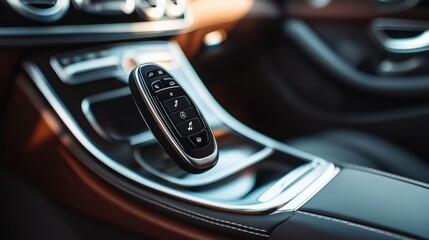 A modern car key with digital unlock buttons placed on a marble countertop next to a smartphone