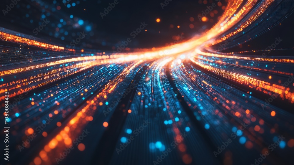 Poster a bold visualization of hyper-speed data movement, with luminous rays and explosive effects, against