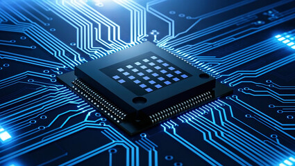 Blue circuit patterns surrounding a central processing microchip.