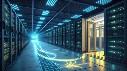 High - Tech Data Center, Virtual Servers, Light Streaks, Symbol - Moving Path for Big Data Processing in Futuristic Film.