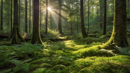 Obraz premium Sunlight streams through the trees in a lush green forest, illuminating the mossy ground and ferns.