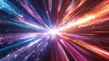 A chaotic yet beautiful depiction of data flow in a sci-fi setting, with bright neon rays and explosive bursts of color, on a black background