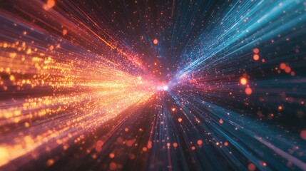 Fototapeta premium A chaotic yet beautiful depiction of data flow in a sci-fi setting, with bright neon rays and explosive bursts of color, on a black background