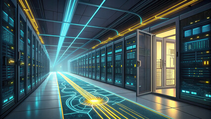 High - Tech Data Center, Virtual Servers, Light Streaks, Symbol - Moving Path for Big Data Processing in Futuristic Film.