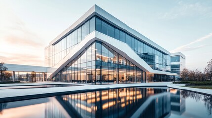 Obraz premium A modern company headquarters with futuristic architecture, featuring expansive glass windows and sharp geometric lines