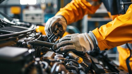 A mechanic in an orange jacket repairs an engine with tools in a workshop setting.