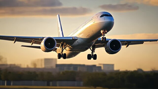 Commercial Passenger Airplane Taking Off Landing in Airport at Sunset Sunrise with Blurred Bokeh Lights Background