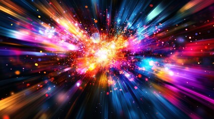 A chaotic yet beautiful depiction of data flow in a sci-fi setting, with bright neon rays and explosive bursts of color, on a black background
