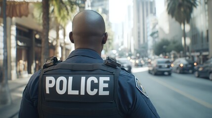 Police Officer Standing on Urban Street. Rear View of Law Enforcement Uniform and Equipment.