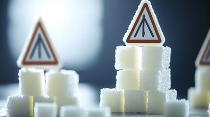 Sugar cubes meticulously stacked in the shape of a warning sign, symbolizing the cautionary message of excessive indulgence and the potential dangers of overconsumption.