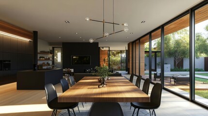 A modern dining table with a black metal base and wooden top, surrounded by sleek chairs
