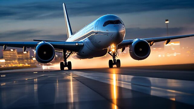 Commercial Passenger Airplane Taking Off Landing in Airport at Sunset Sunrise with Blurred Bokeh Lights Background