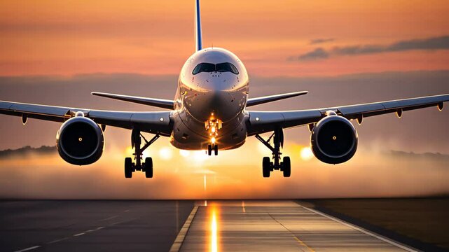 Commercial Passenger Airplane Taking Off Landing in Airport at Sunset Sunrise with Blurred Bokeh Lights Background