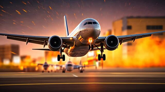 Commercial Passenger Airplane Taking Off Landing in Airport at Sunset Sunrise with Blurred Bokeh Lights Background