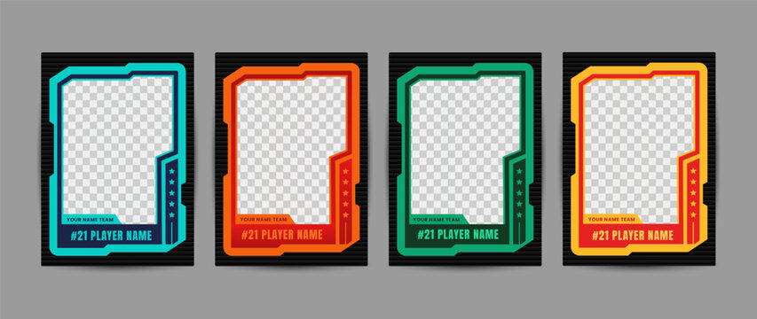 Collection of player frames for sports card template, Colorful frames with transparent spaces, team name and number