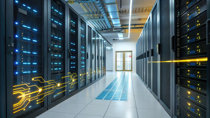 High - Tech Data Center, Virtual Servers, Light Streaks, Symbol - Moving Path for Big Data Processing in Futuristic Film.