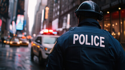 Police Officer Standing on Urban Street. Rear View of Law Enforcement Uniform and Equipment.