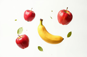 Flying various fruits isolated on white background, fruits mix.