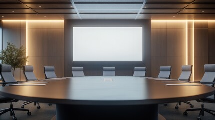 A close-up of a conference room with a large round table, high-backed chairs, and a projector screen ready for a presentation