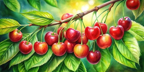 Obraz premium A vibrant watercolor depiction of fresh cherries and lush green leaves, ideal for culinary or artistic photography, bursting with color and creativity.